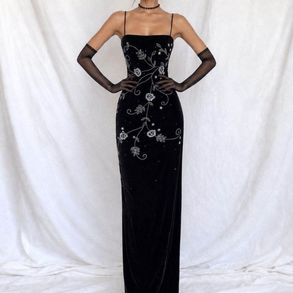 Vintage Y2K 90s Black Velvet Floral Beaded Maxi Bodycon Formal Prom Dress Size S